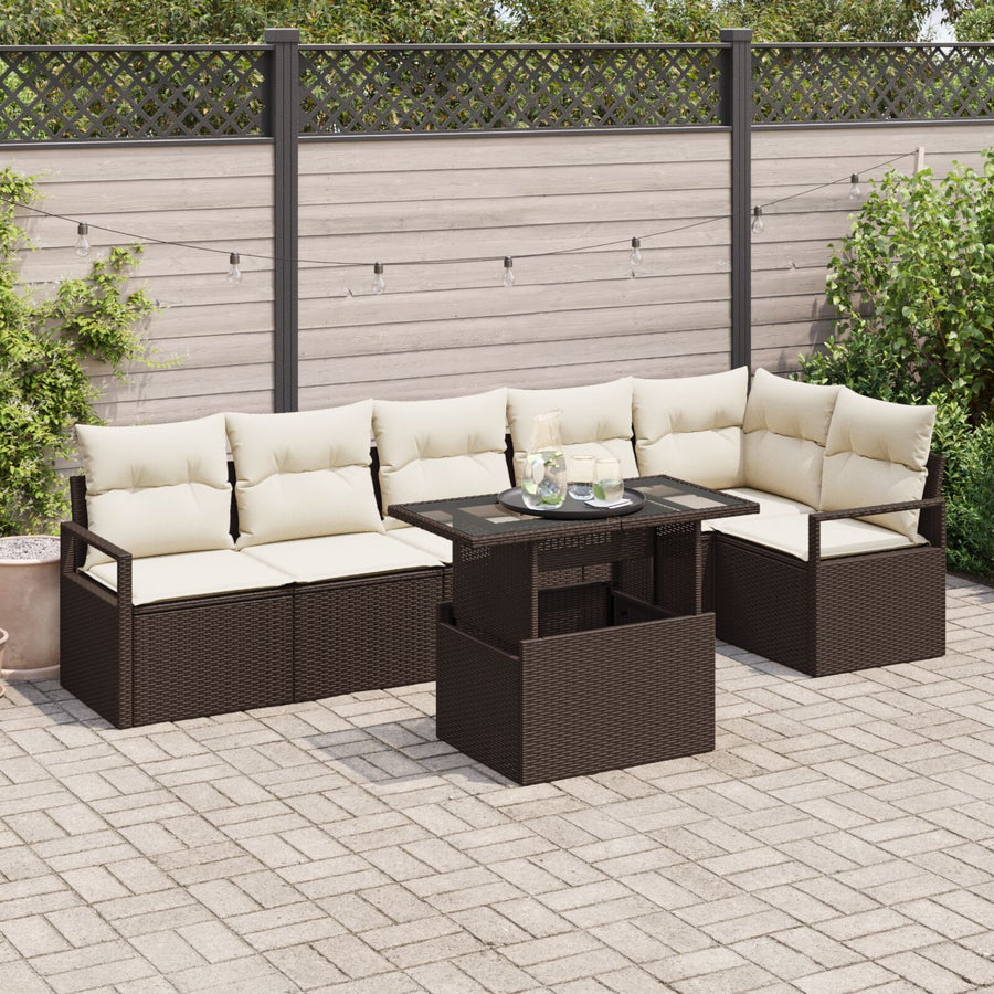 7-Delige Tuinbankset Met Kussens Bruin Poly Rattan,  2-Persoons Tuinbank Met Kussens Bruin Poly Rattan
