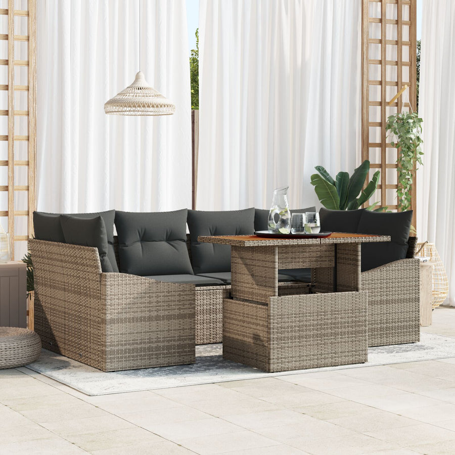 7-Delige Tuinbankset Met Kussens Grijs Poly Rattan