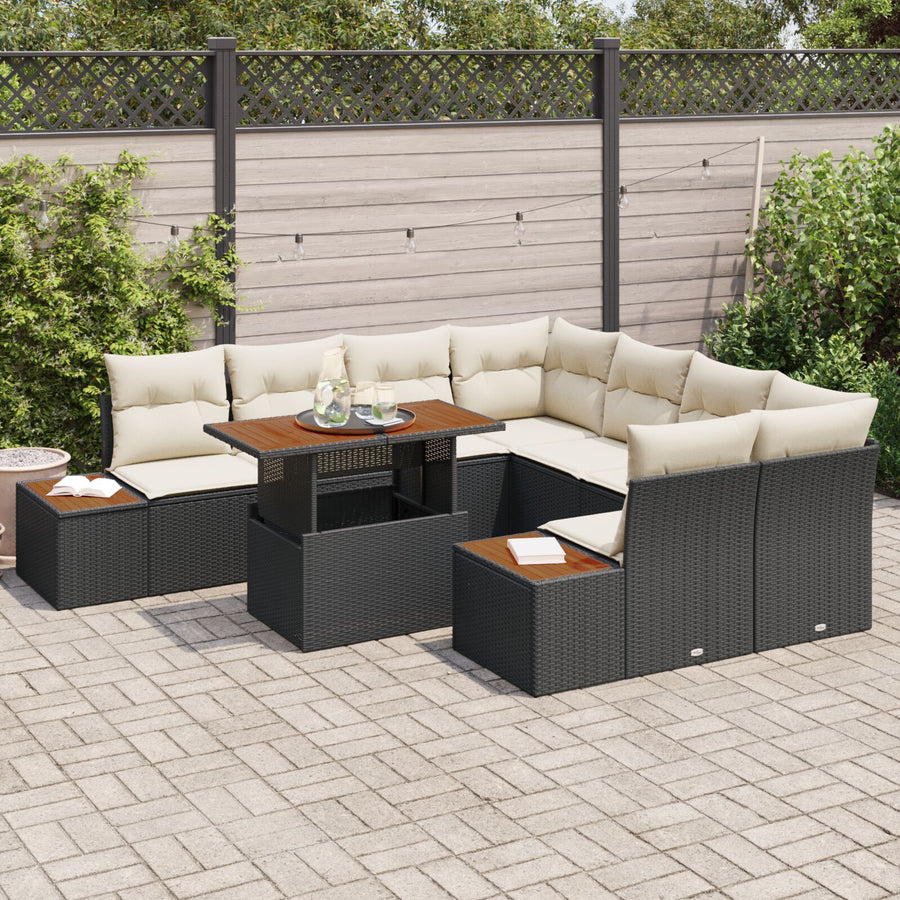 9-Delige Tuin Eetset Met Kussens Zwart Poly Rattan Acacia