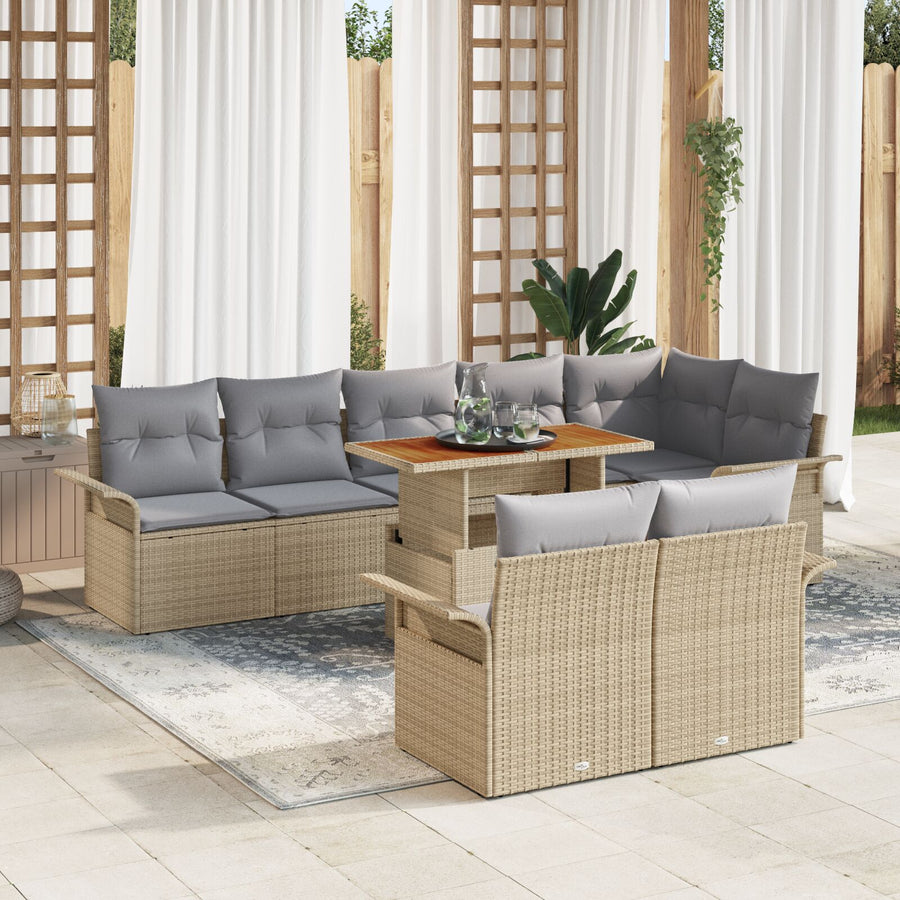 9-Delige Tuin Eetset Met Kussens Beige Poly Rattan Acacia