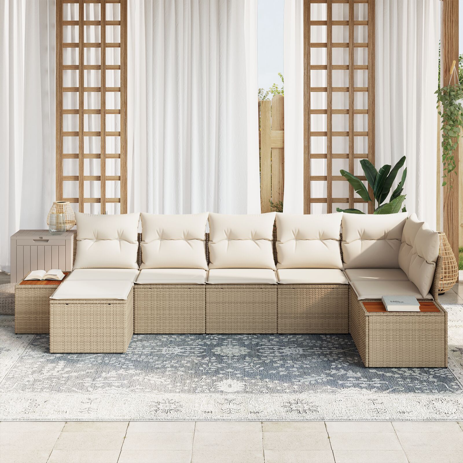 7-Delige Tuinsofa Set Met Kussens Beige Poly Riet Acacia