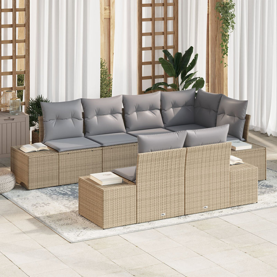 7-Delige Tuinbankset Met Kussens Beige Poly Rattan