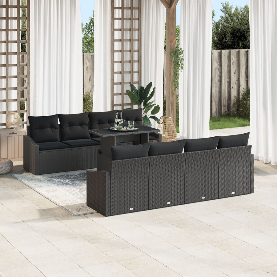 9-Delige Tuin Sofaset Met Kussens Zwart Poly Rattan