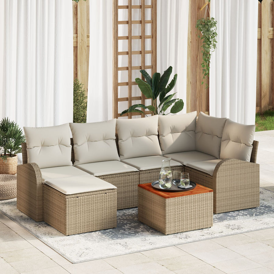7-Delige Tuinsofa Set Met Kussens Beige Poly Rattan