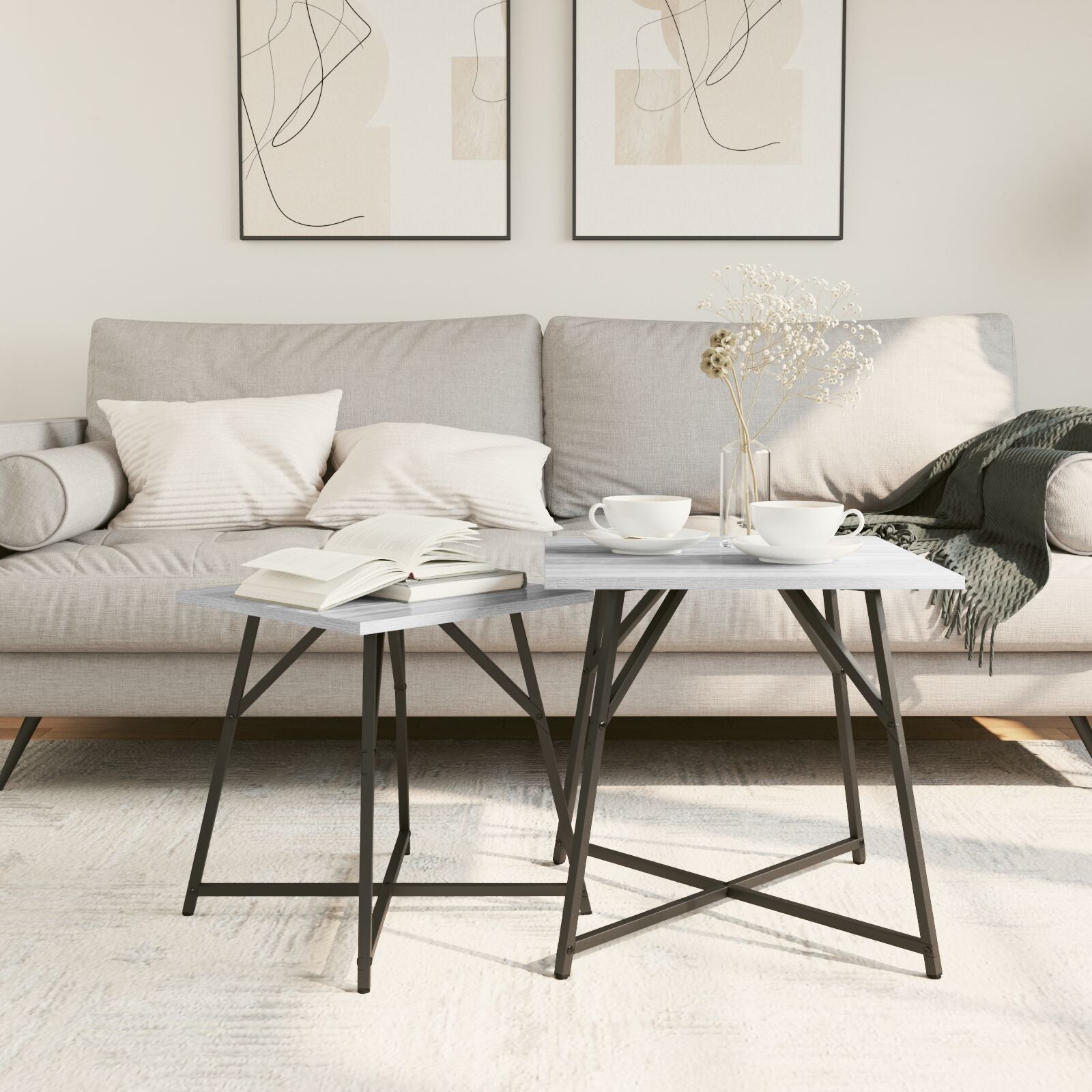 Bijzettafelset Van 2 St Grey Sonoma Hout En Metaal Grijs sonoma