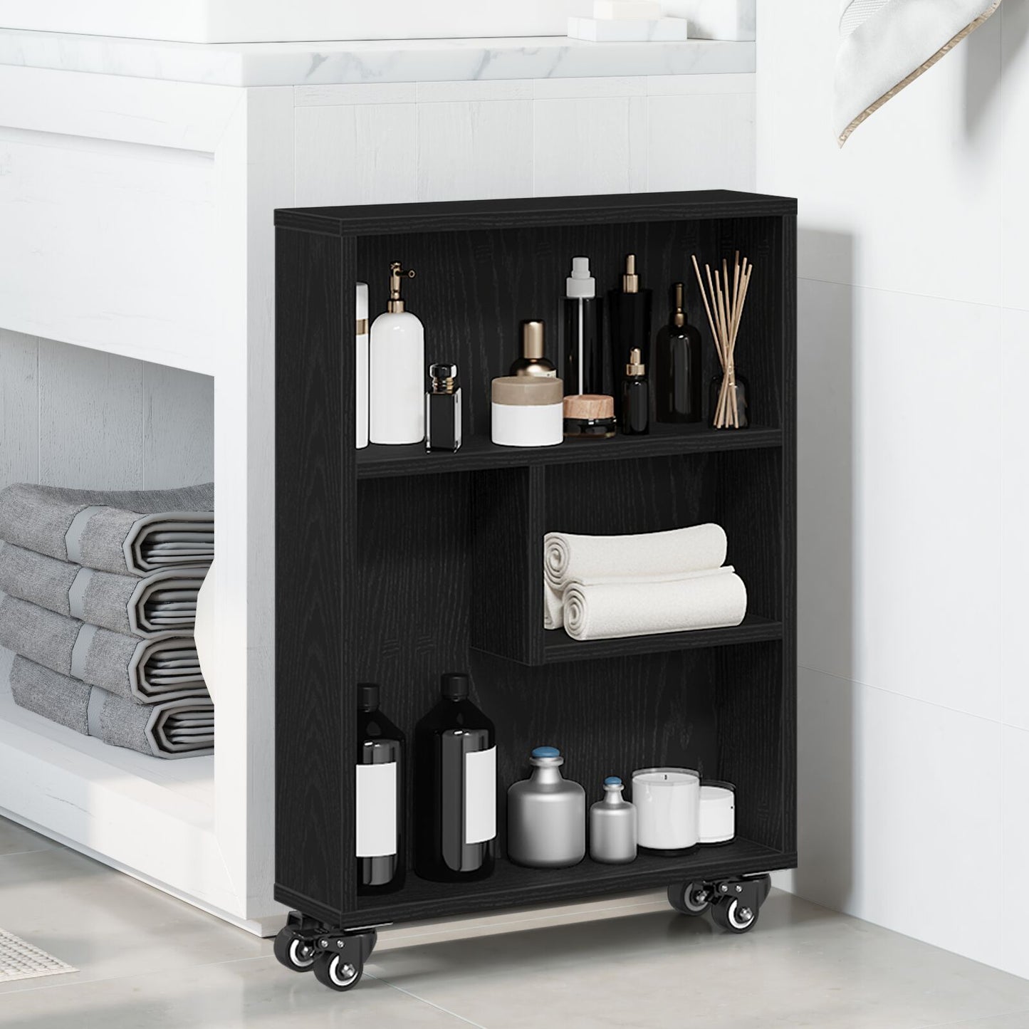 Smalle Opbergtrolley Zwart Eiken 48X13X68 Cm Gelaagd Hout
