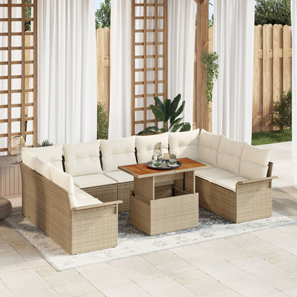 10-Delige Tuin Eettafel Set Met Kussens Beige Poly Rattan Acacia