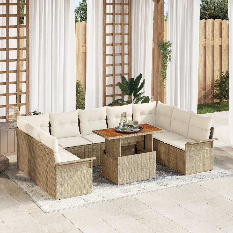 10-Delige Tuin Eettafel Set Met Kussens Beige Poly Rattan Acacia