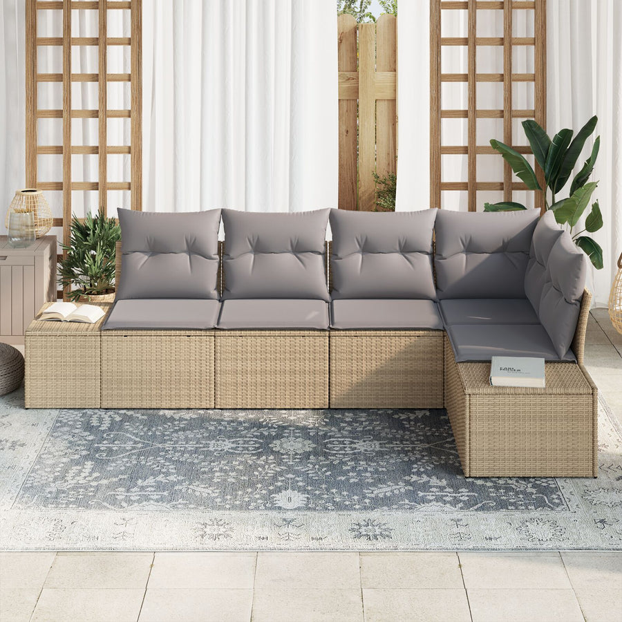 5-Delige Tuin Sofa Set Met Kussens Poly Rattan Beige en Lichtgrijs zonder tafel