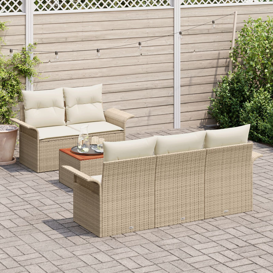 6-Delige Tuinbankset Met Kussens Beige Poly Rattan Acacia