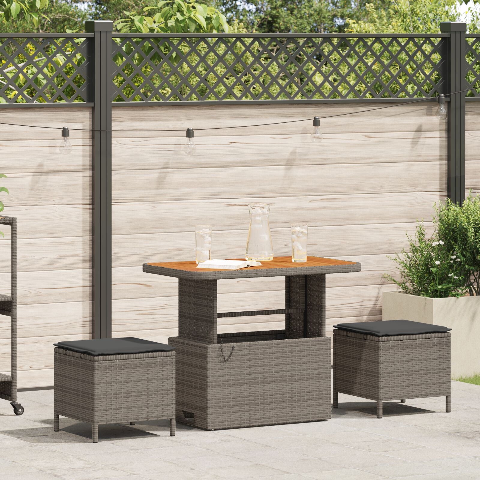 3-Delige Tuin Eetset Met Kussens Poly Rattan Acacia 90 cm Grijs 2 krukken