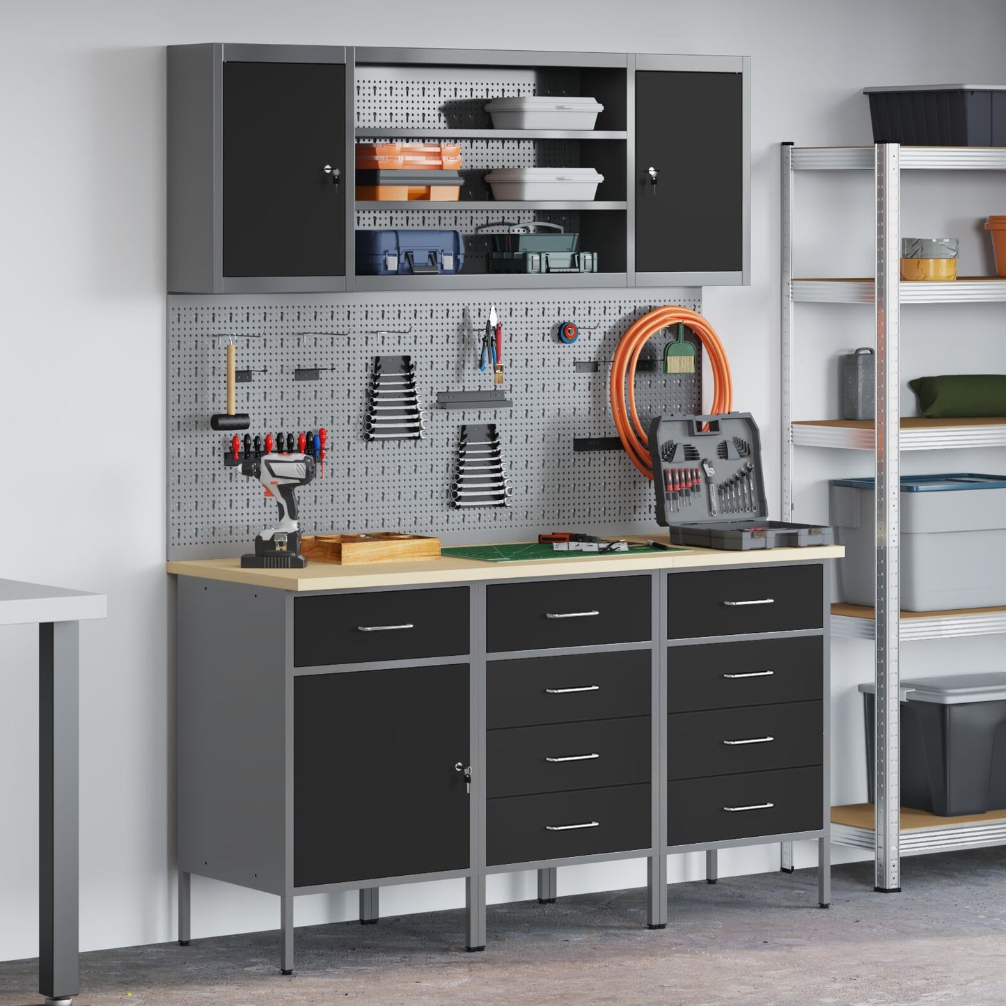 7-Delige Werkbankset Staal 3x (84/85/85 cm) Zwart 4x kast + 4x pegboard