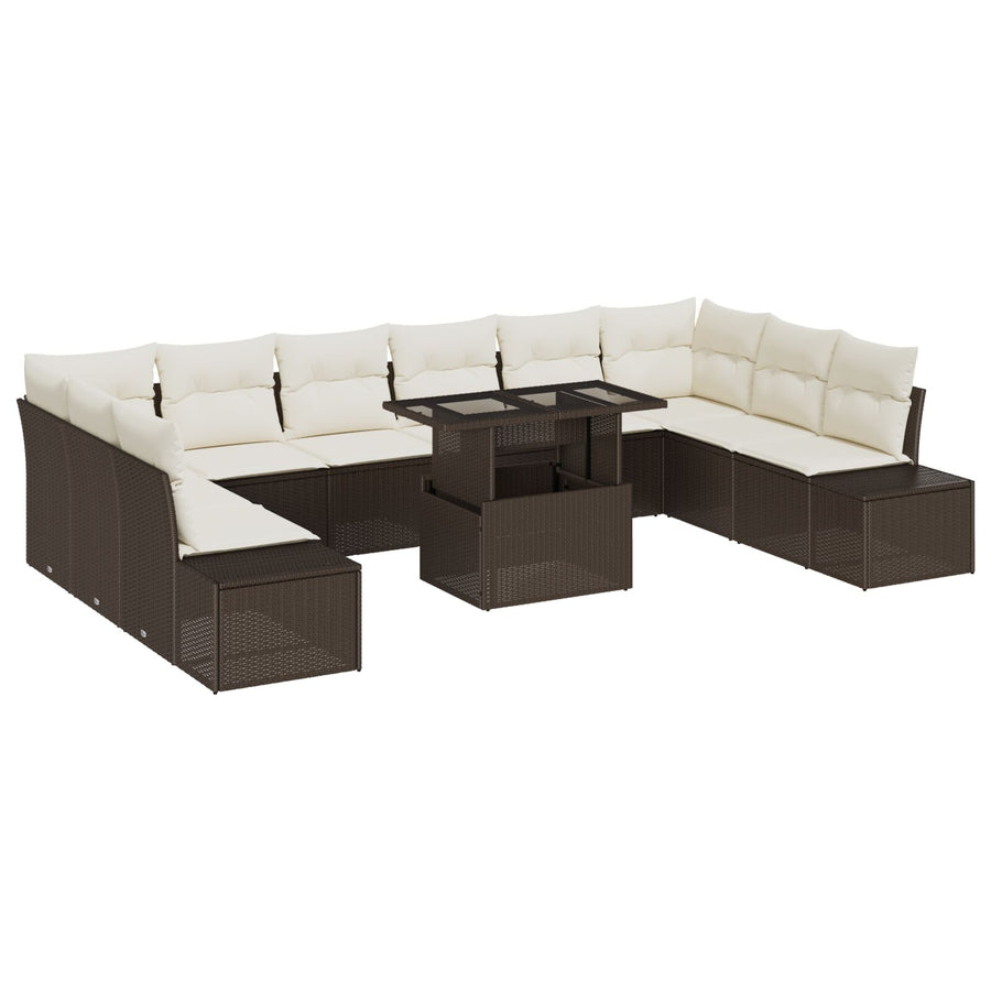 Tuin Sofa Set 11 Deeltjes Bruin En Crème Rattan, Polyester