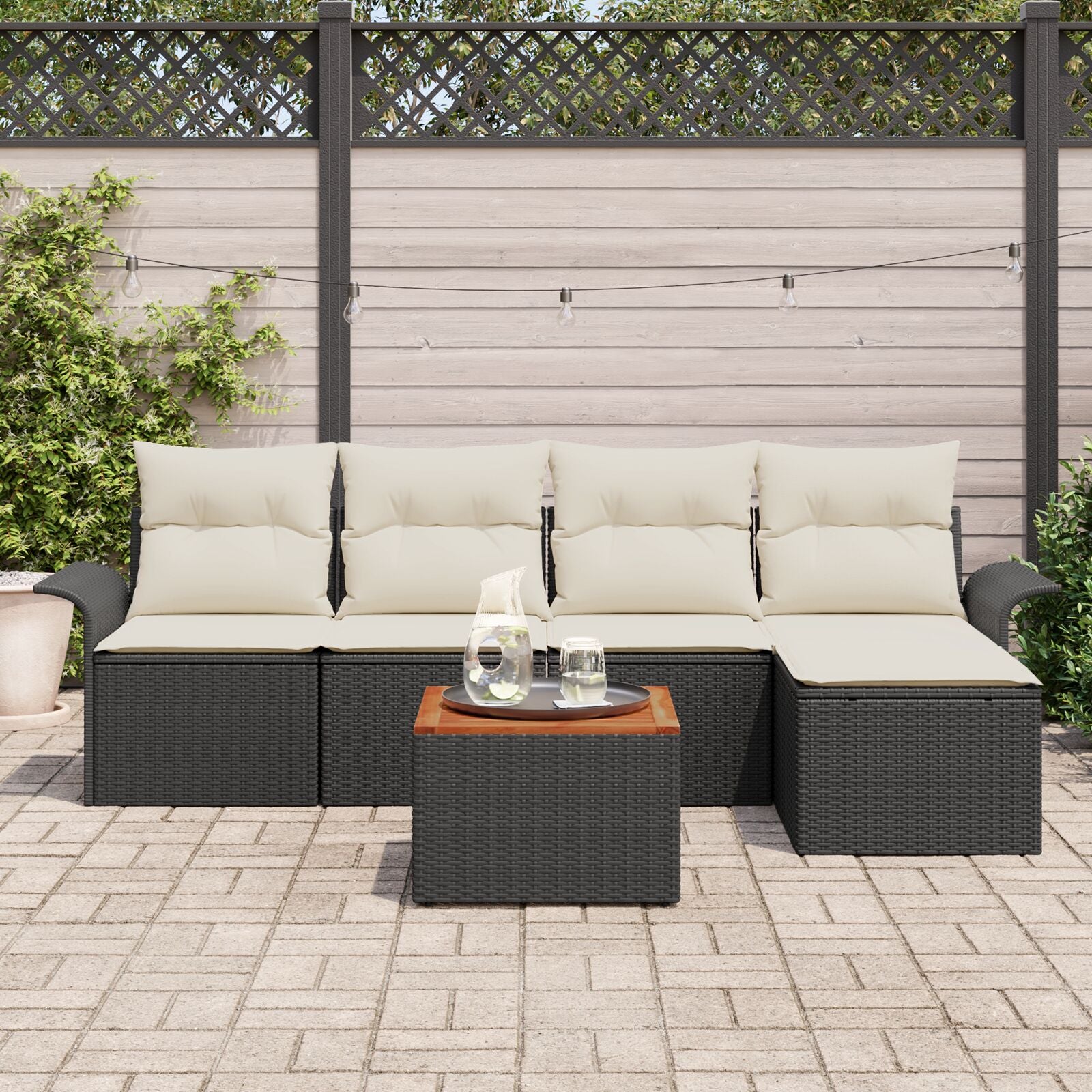 6-Delige Tuin Sofa Set Met Kussens Zwart Poly Rattan Acacia,  2-Persoons Tuin Sofa Met Opslag & Kussens Zwart Poly Rattan