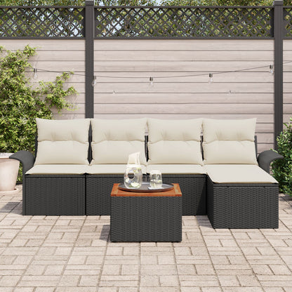 6-Delige Tuin Sofa Set Met Kussens Zwart Poly Rattan Acacia,  2-Persoons Tuin Sofa Met Opslag & Kussens Zwart Poly Rattan