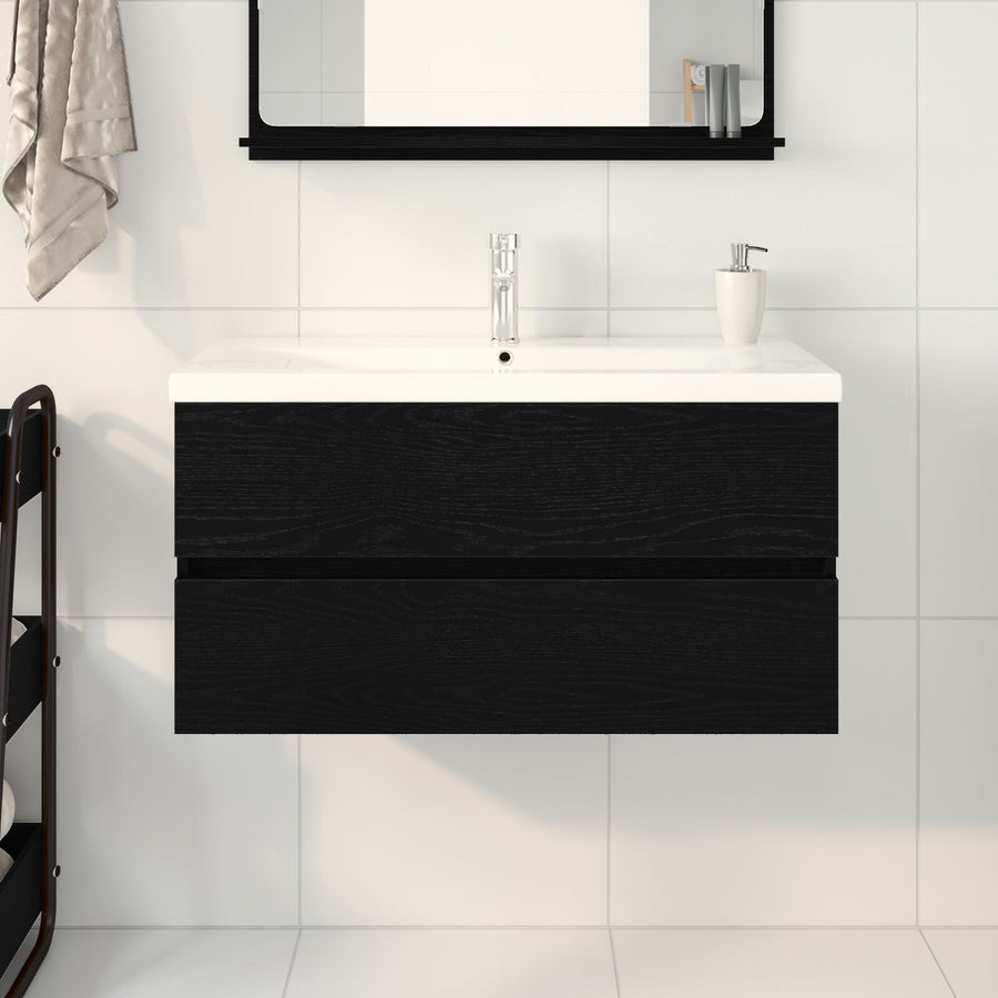 Spoelcabinet Met Ingebouwd Basin Zwart Eiken Bewerkt Hout,  Spoelcabinet Zwart Eiken 90X38,5X45 Cm Bewerkt Hout