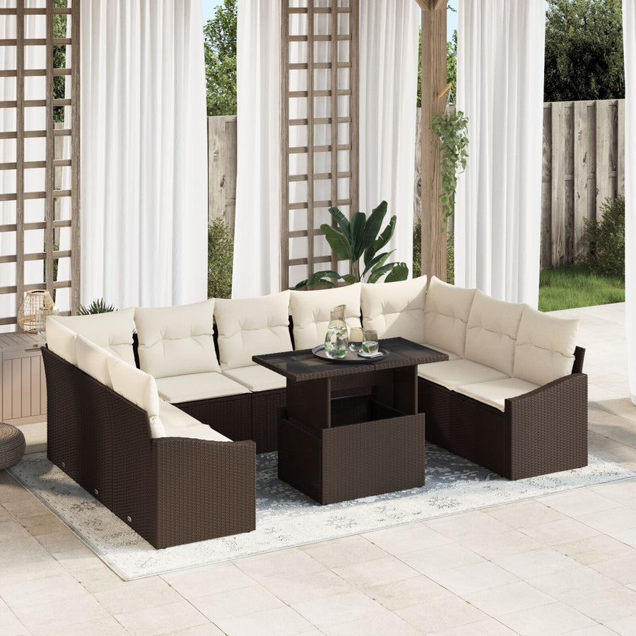 10-Delige Tuin Sofa Set Met Kussens Bruin Poly Rattan