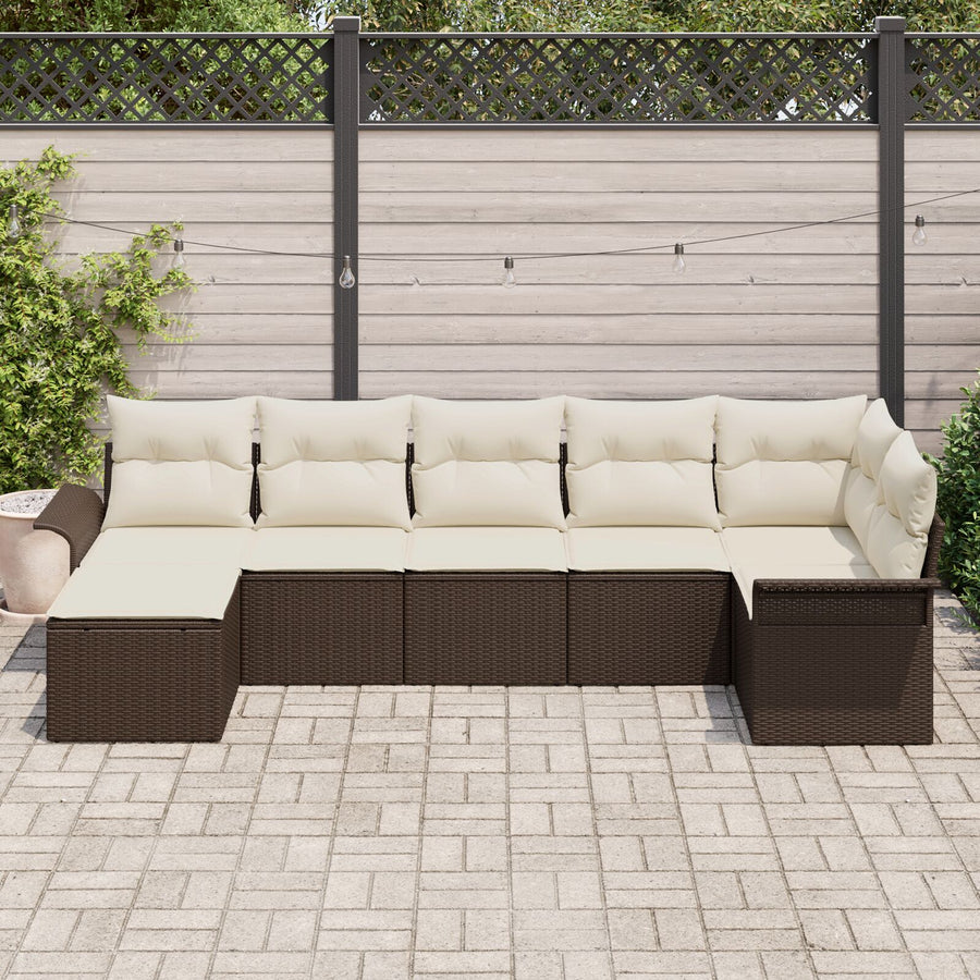 7-Delige Tuin Sofa Set Met Kussens Bruin Poly Rattan
