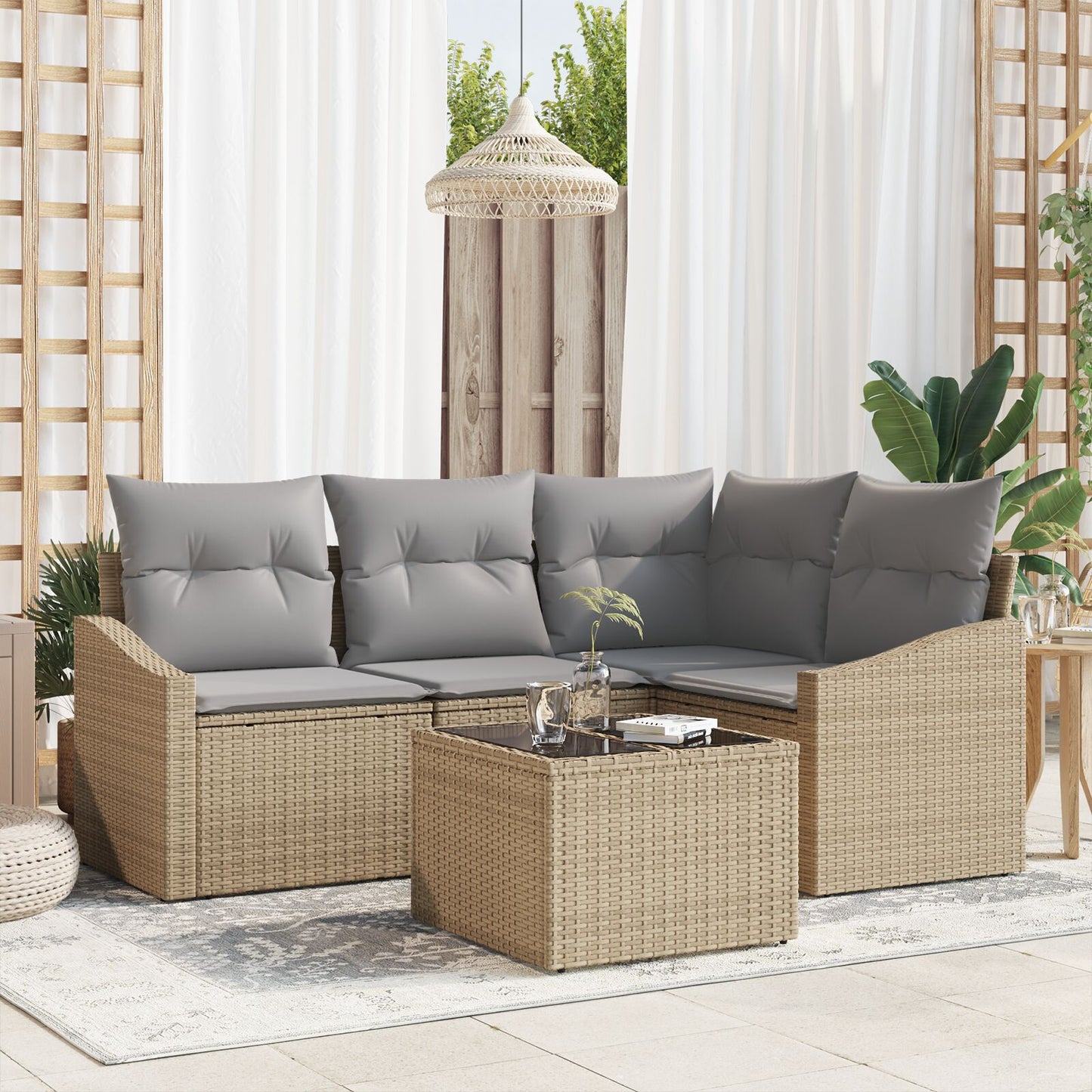 Tuin Sofa Set Set Van 5 Beige Rattan Tuin Eetset Rechthoekig