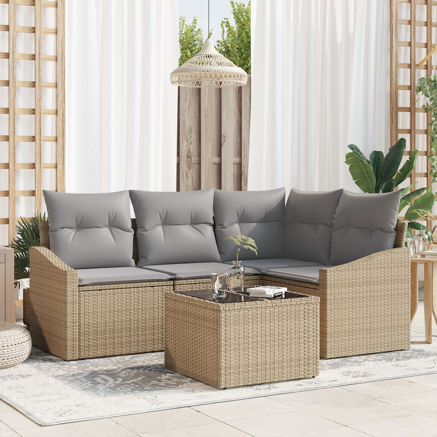 Tuin Sofa Set Set Van 5 Beige Rattan Tuin Eetset Rechthoekig