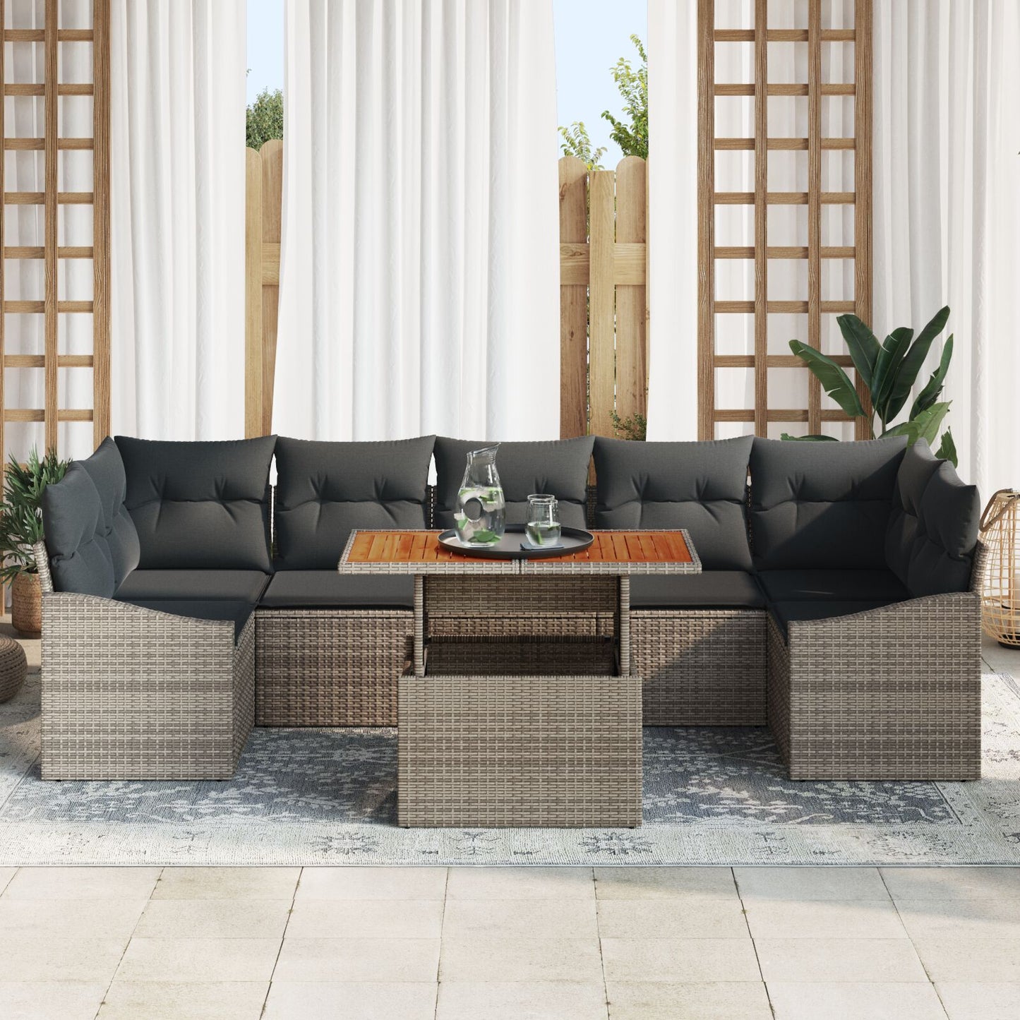 8-Delige Tuindining Set Met Kussens Grijs Poly Rattan Acacia