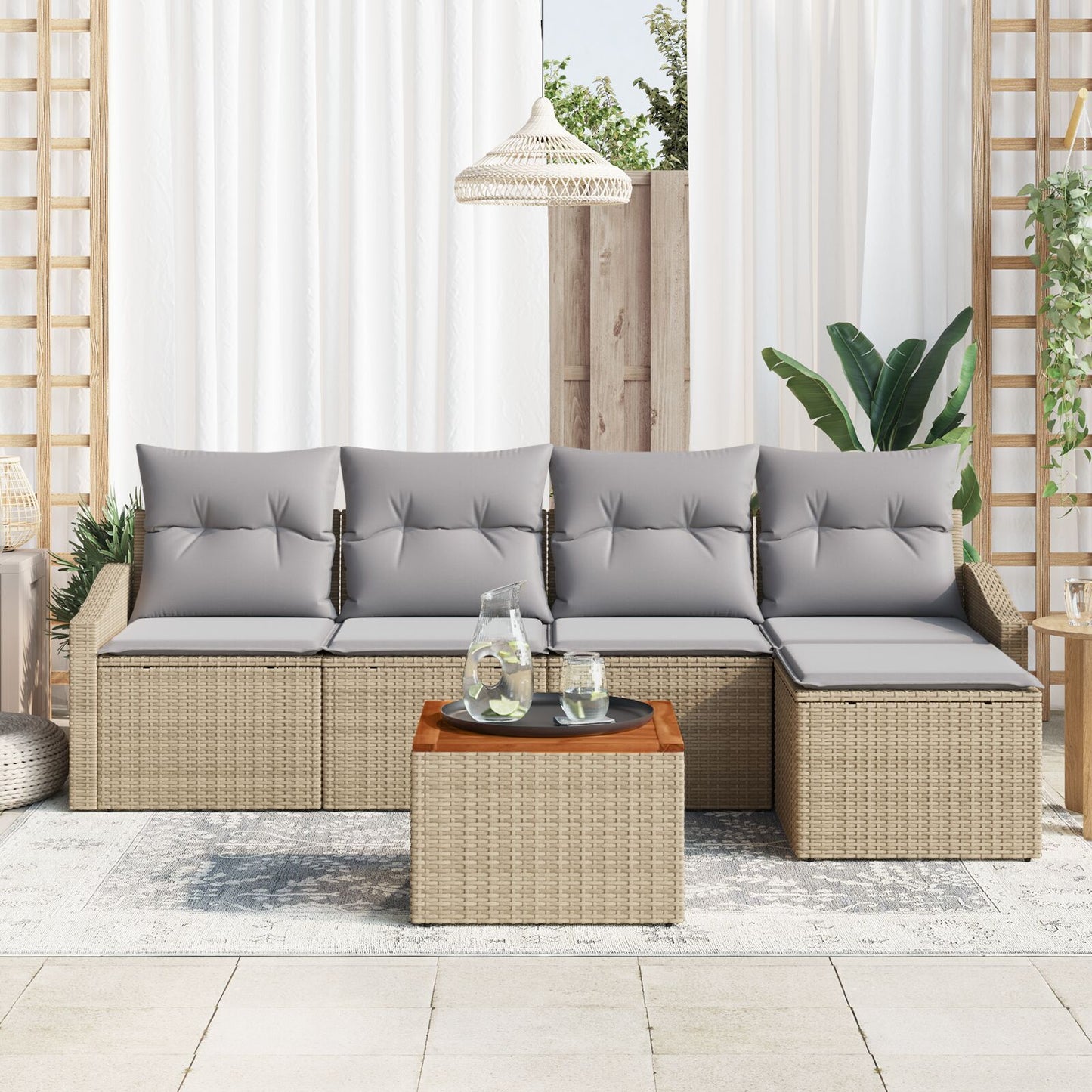6-Delige Tuinbank Set Met Kussens Beige Poly Rattan Acacia