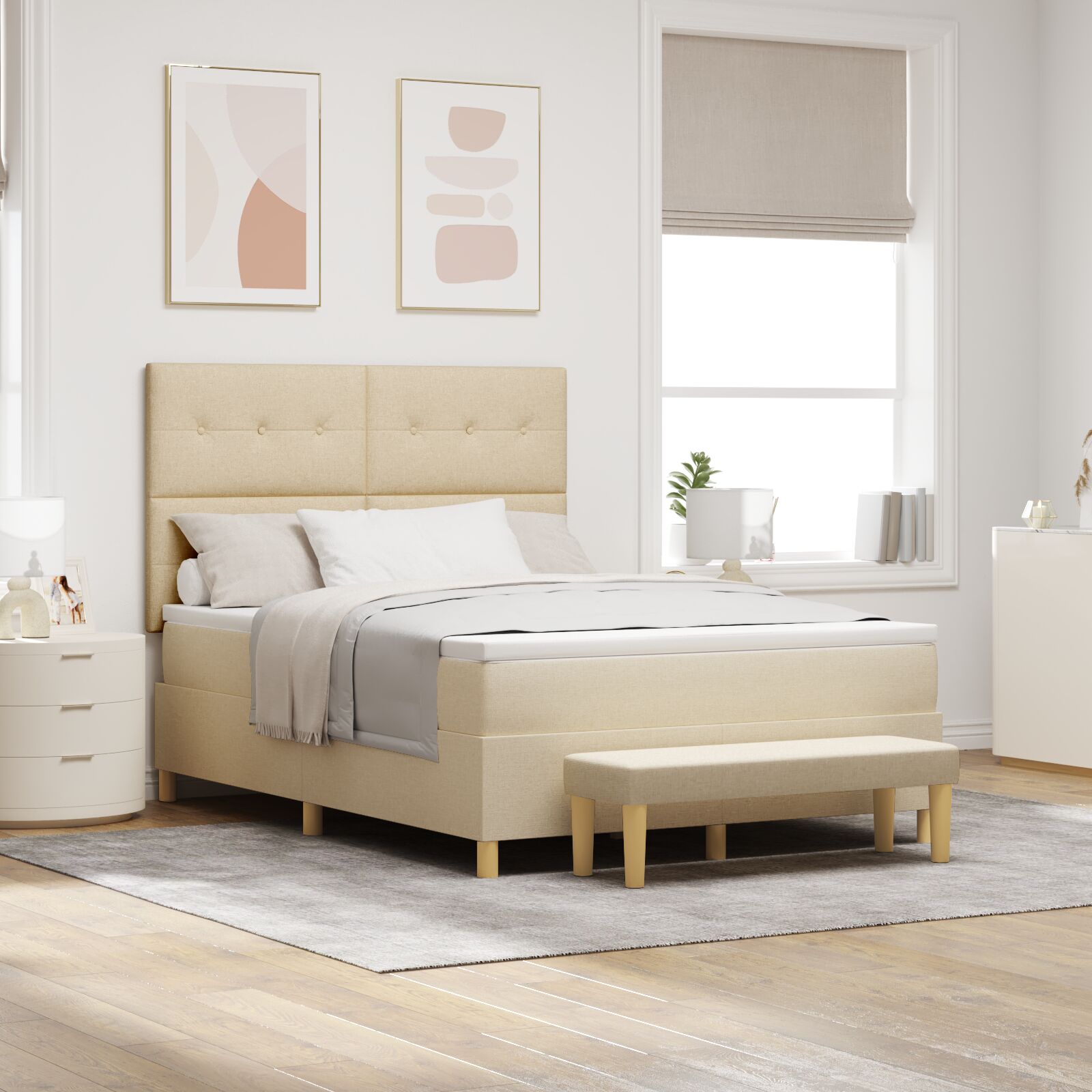 Boxspringbed Met Matras En Bank Stof Crème 140 x 190 cm Button tufted