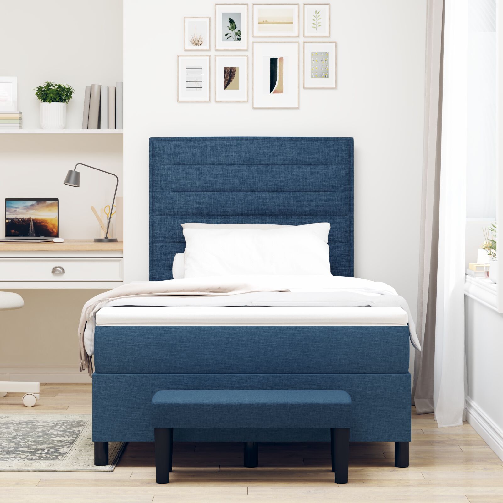 Boxspringbed Met Matras & Bank Stof Blauw 120 x 190 cm Lijnen ontwerp