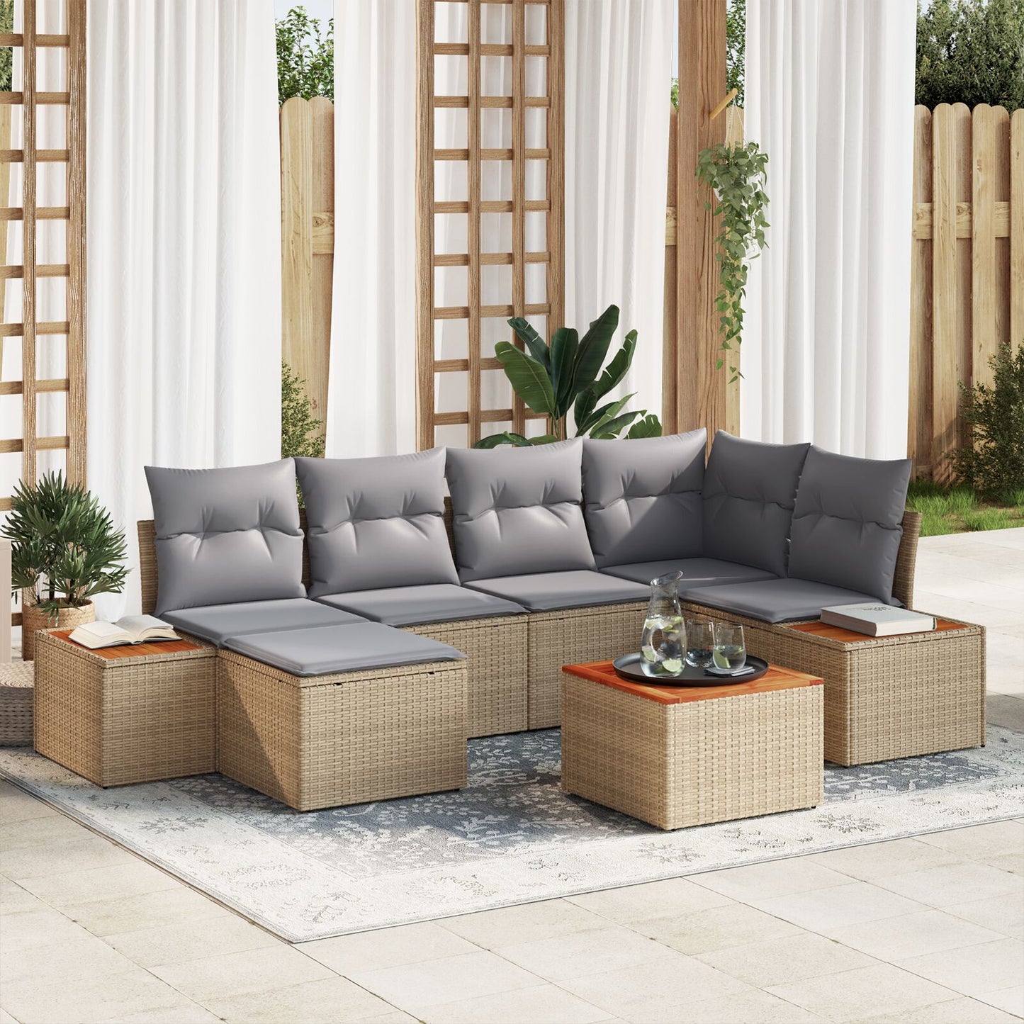 7-Delige Tuin Sofa Set Met Kussens Beige Poly Rattan Acacia