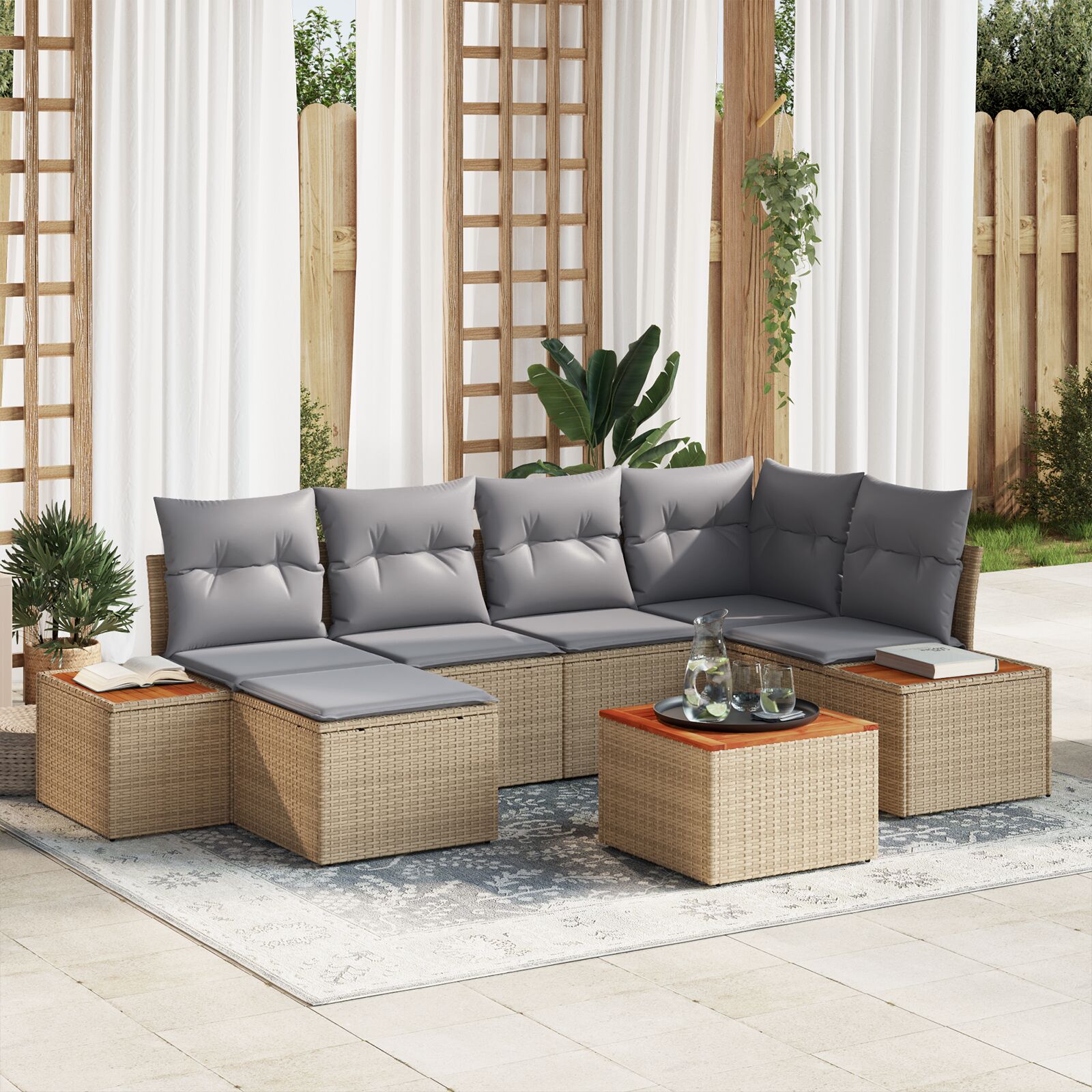 7-Delige Tuin Sofa Set Met Kussens Beige Poly Rattan Acacia