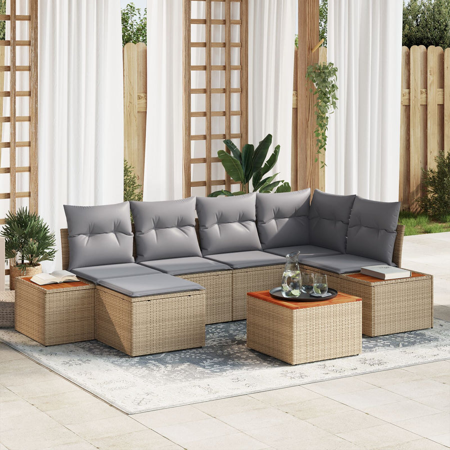 7-Delige Tuin Sofa Set Met Kussens Beige Poly Rattan Acacia