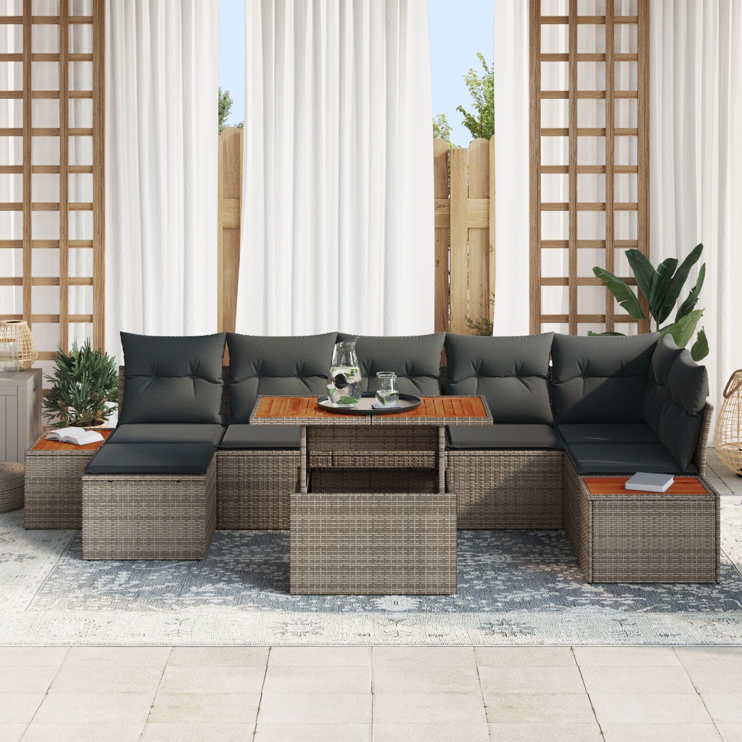 Tuin Sofa Set Set Van 8 Grijs Rattan, Polyester Tuin Eettafel Set