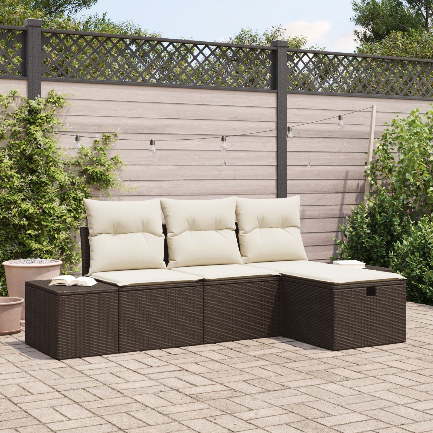 4-Delige Tuinbankset Met Kussens Bruin Poly Rattan