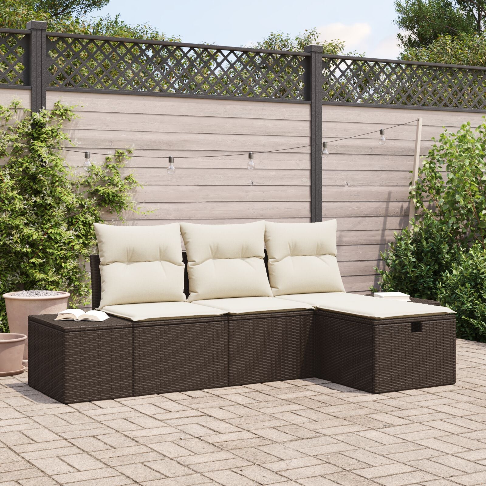 4-Delige Tuinbankset Met Kussens Bruin Poly Rattan