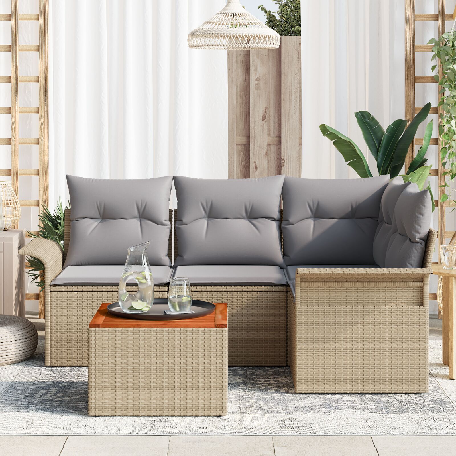 5-Delige Tuin Sofa Set Met Kussens Beige Poly Rattan Acacia