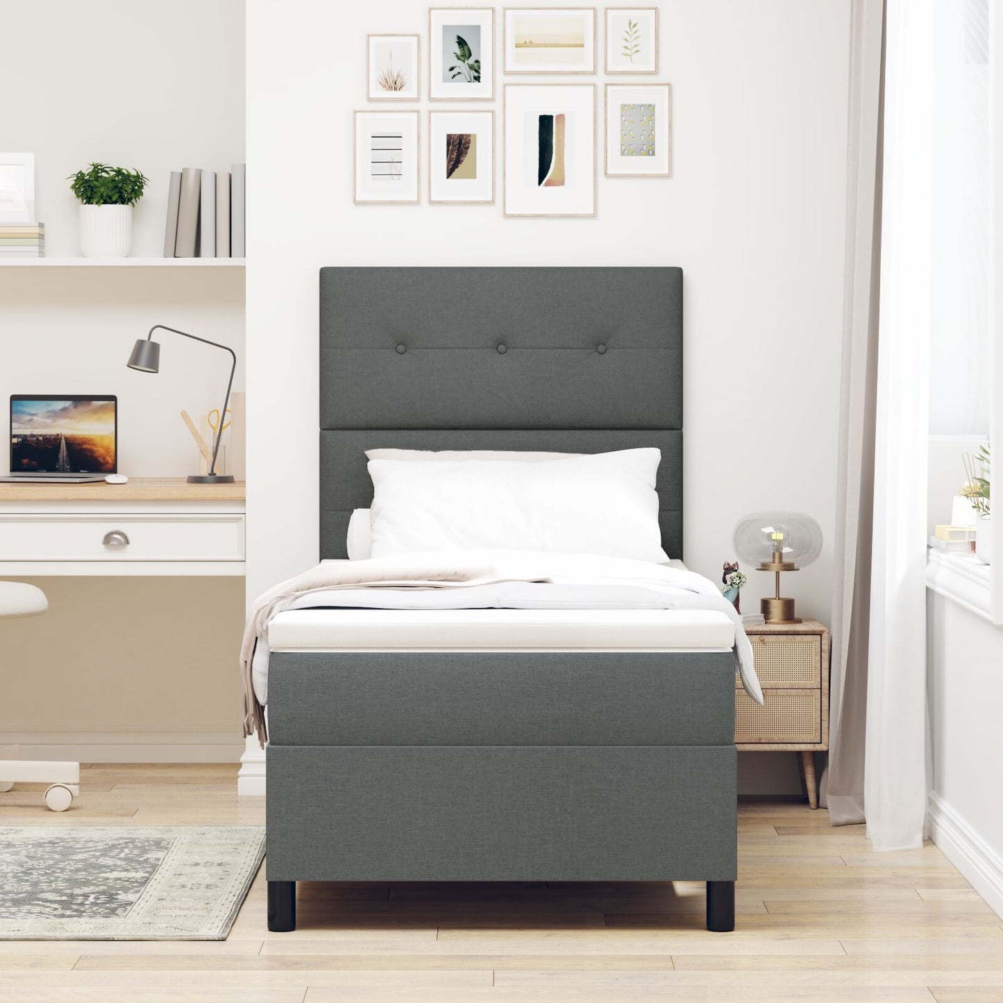 Boxspringbed Met Matras Stof Donkergrijs 80 x 200 cm Knop tufted