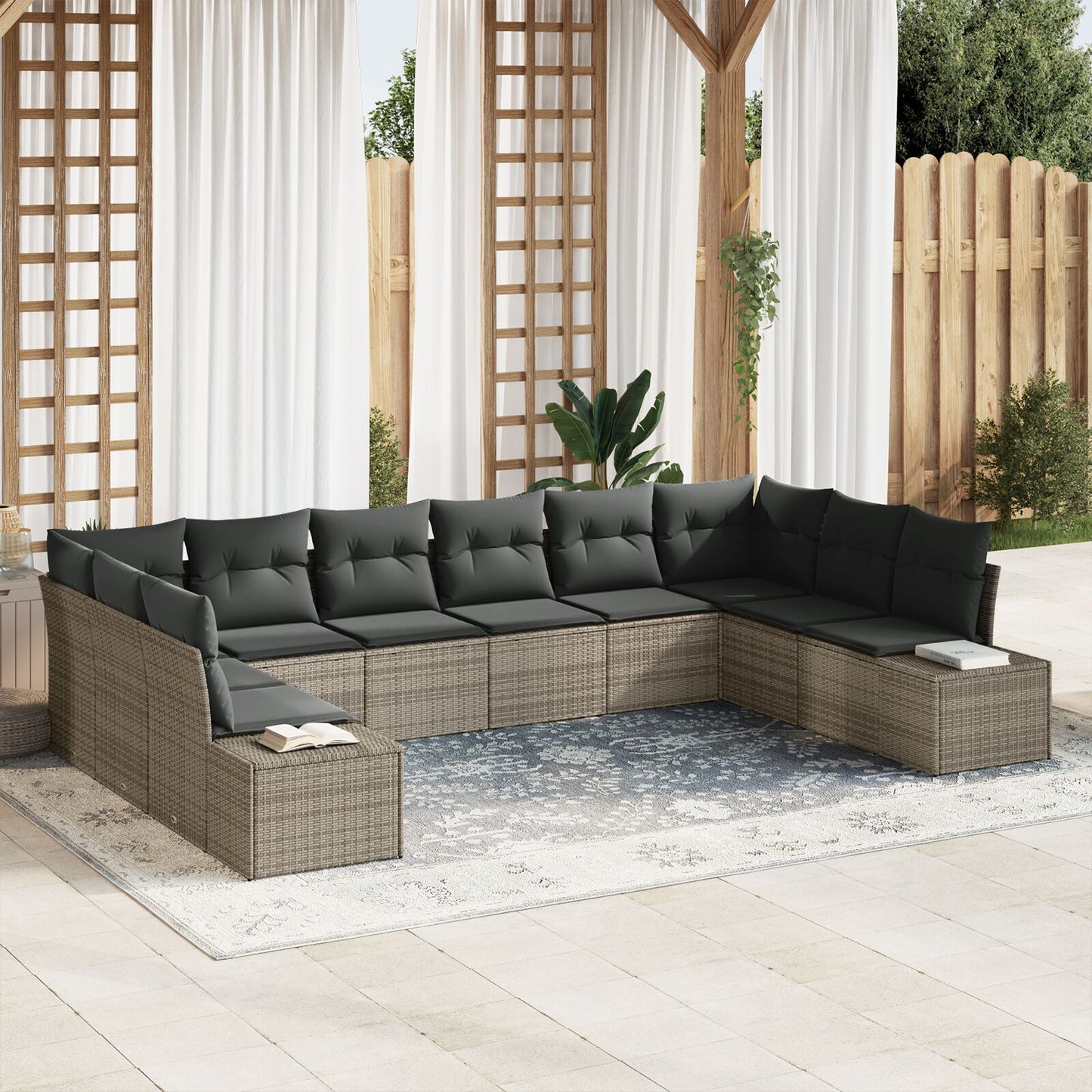 10-Delige Tuinbank Set Met Kussens Poly Rattan Grijs zonder tafel