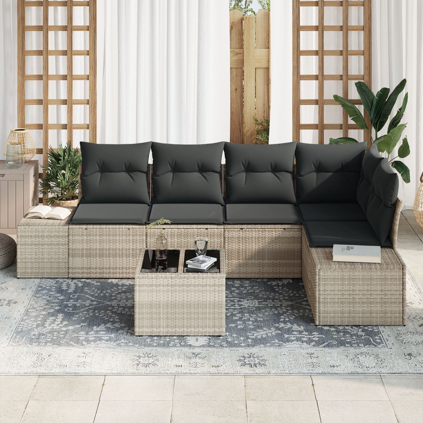 6-Delige Tuin Sofa Set Met Kussens Grijs Poly Rattan Licht grijs met tafel