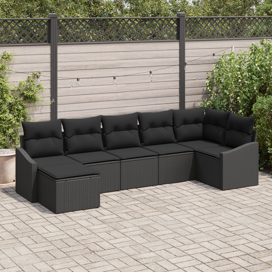 7-Delige Tuin Sofa Set Met Kussens Zwart Poly Rattan
