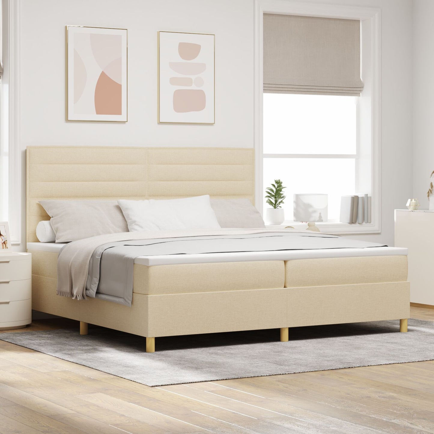 Boxspringbed Met Matras Crème 200X200 Cm Stof Blauw