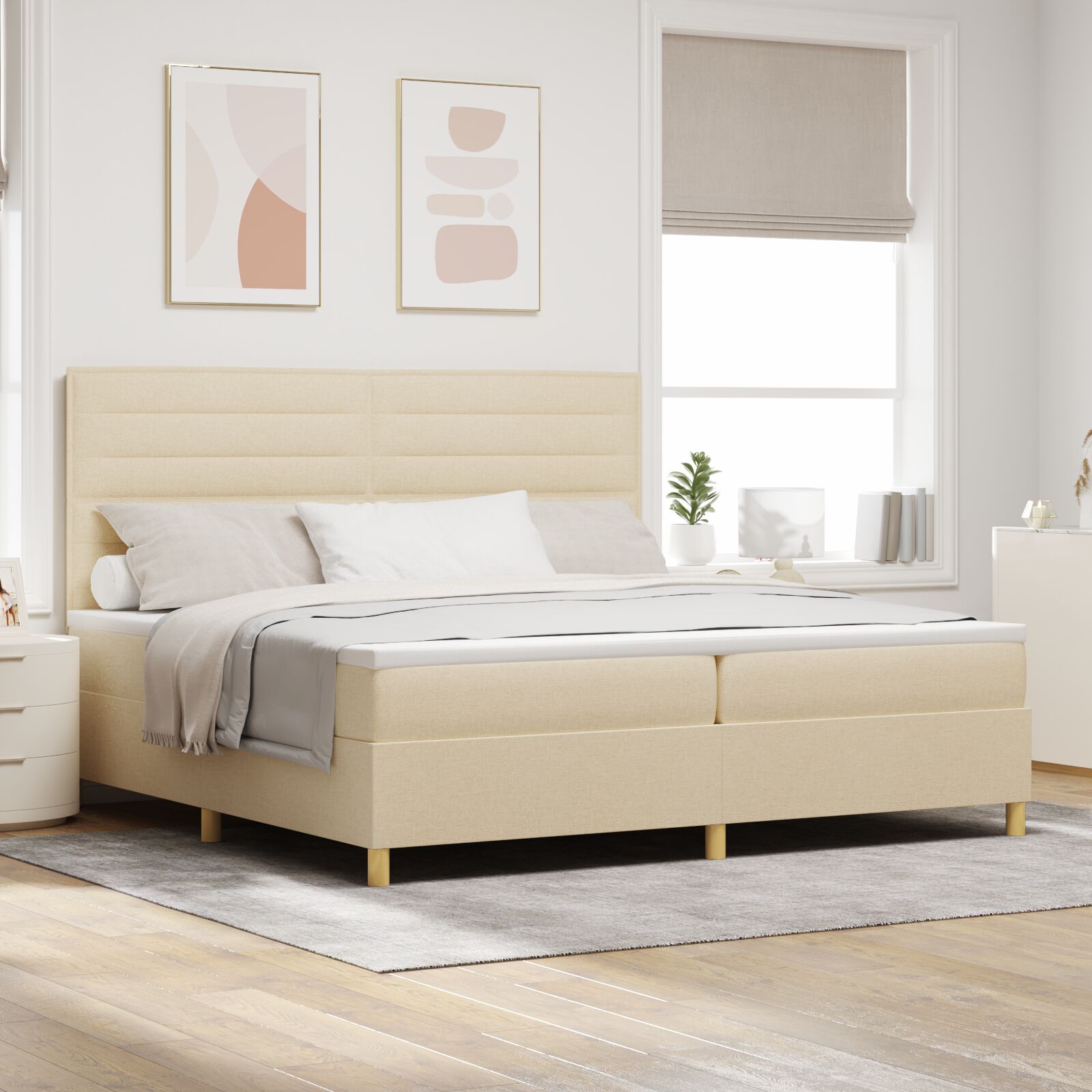 Boxspringbed Met Matras Crème 200X200 Cm Stof Blauw