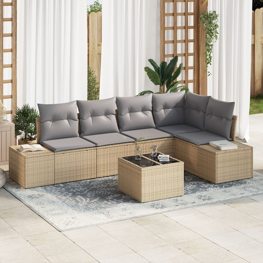 6-Delige Tuin Sofa Set Met Kussens Zwart Poly Rattan Beige en lichtgrijs met tafel