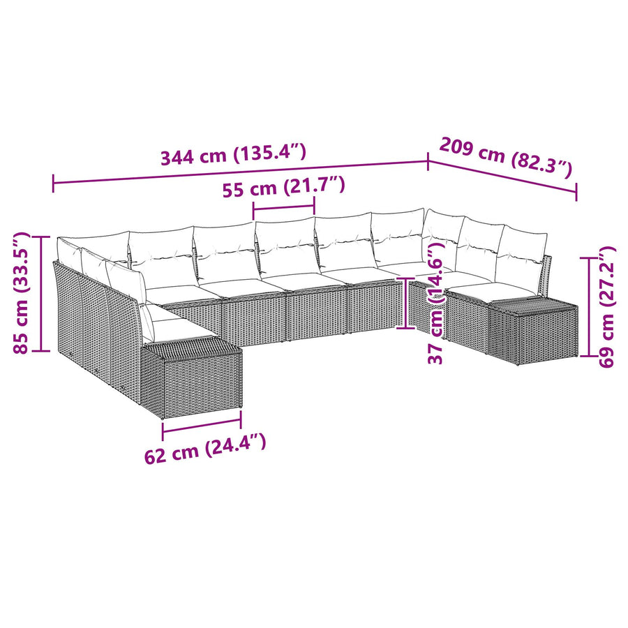 Set Van 10 Tuin Sofa Met Kussens Poly Rattan Bruin en crèmewit zonder tafel