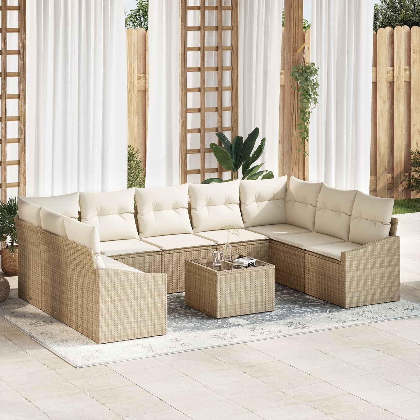 Tuin Sofa Set Set Van 10 Crème Riet Tuin Eettafel Set