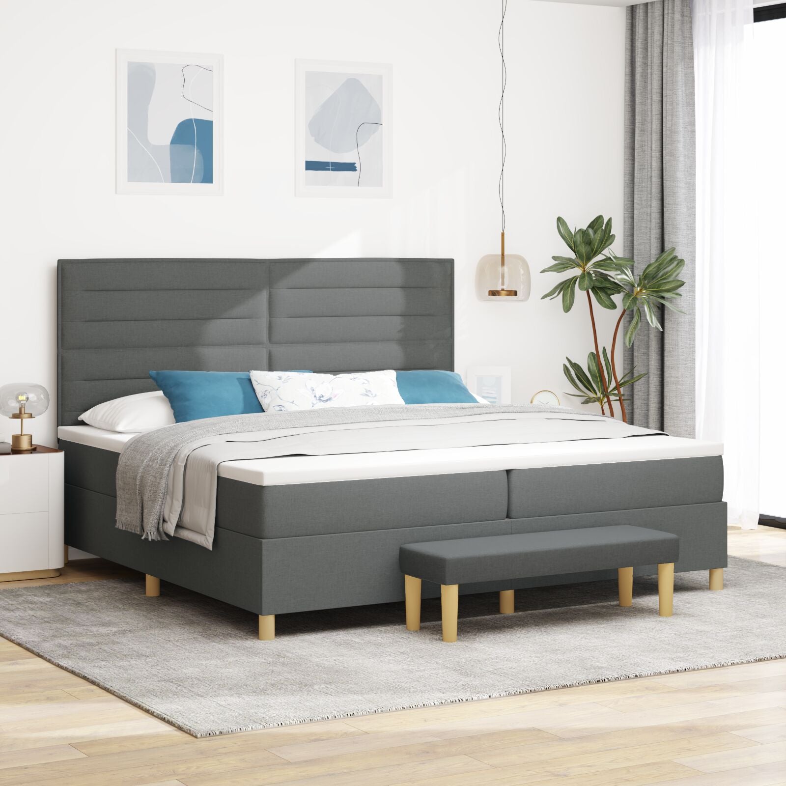 Boxspringbed Met Matras & Bank Stof Donkergrijs 200 x 200 cm Lijn ontwerp