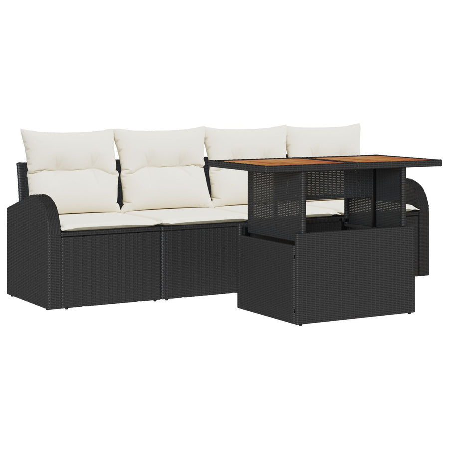 5-Delige Eettafel Set Met Kussens Zwart Poly Rattan Acacia