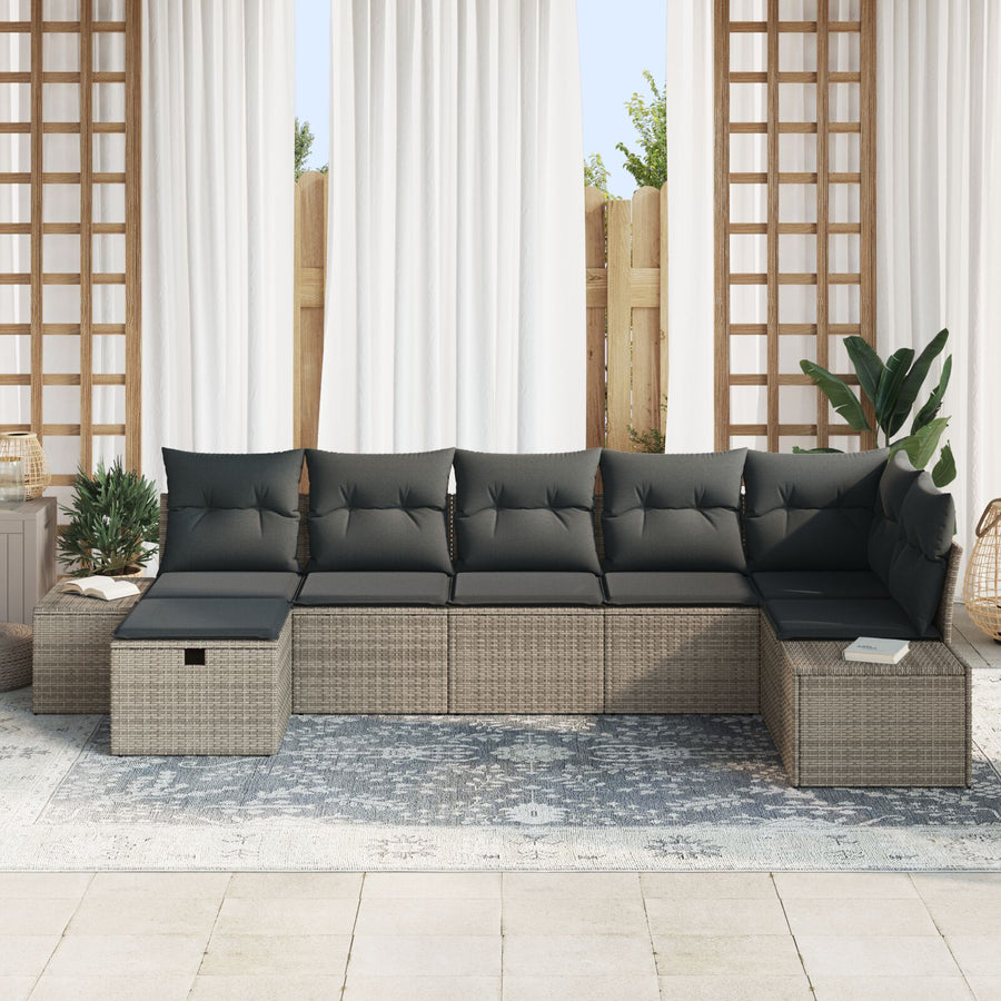 7-Delige Tuinsalon Set Met Kussens Grijs Poly Rattan Wit