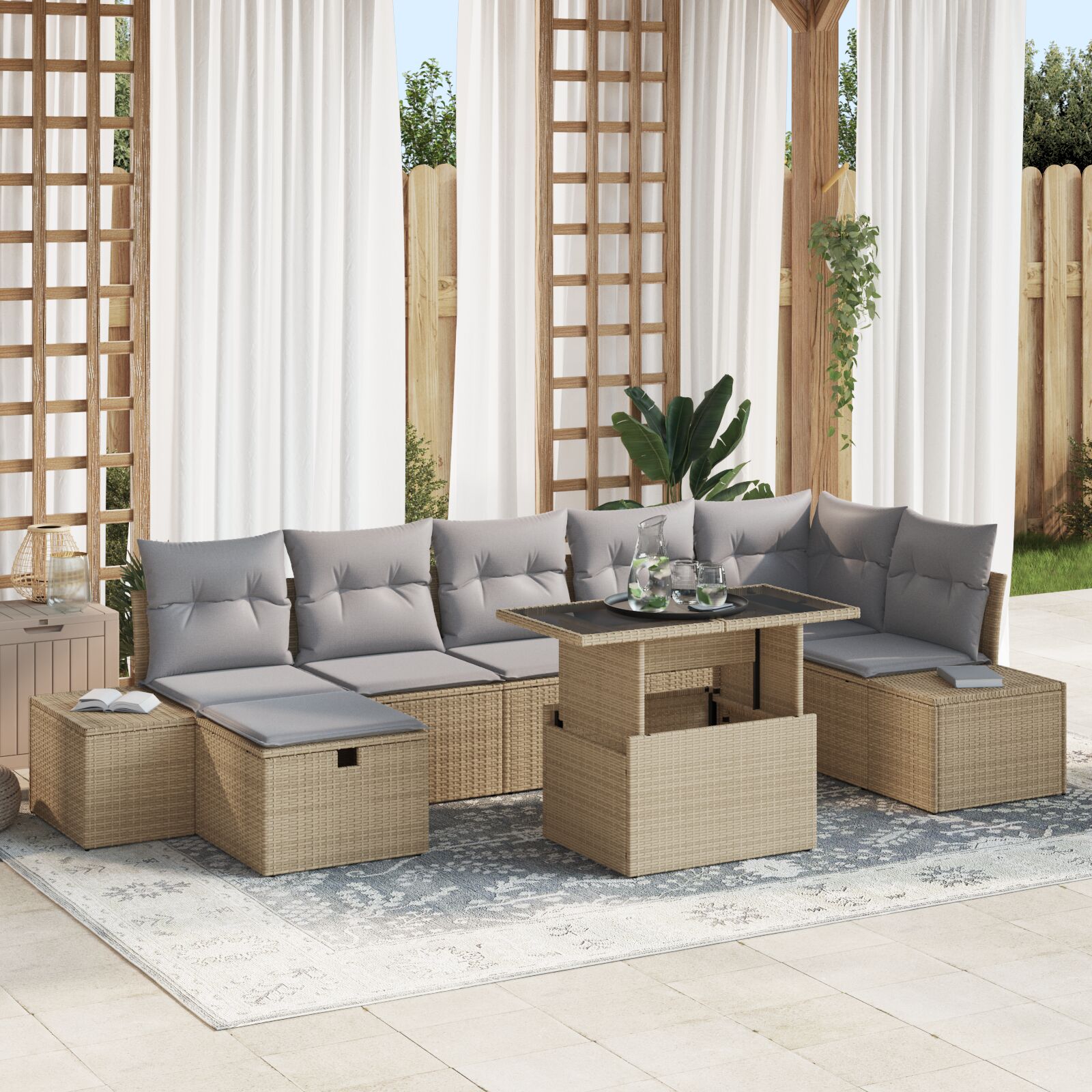 8-Delige Tuinbank Set Met Kussens Beige Poly Rattan Wit