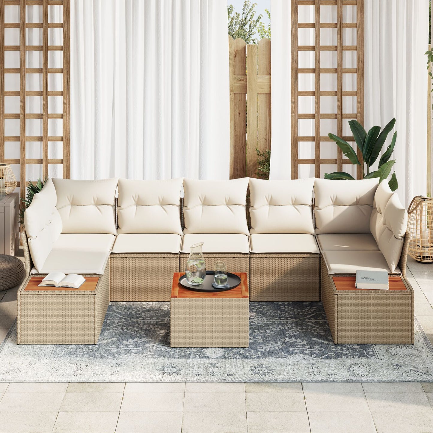 8-Delig Tuinbankstel Met Kussens Beige Poly Rattan Acacia