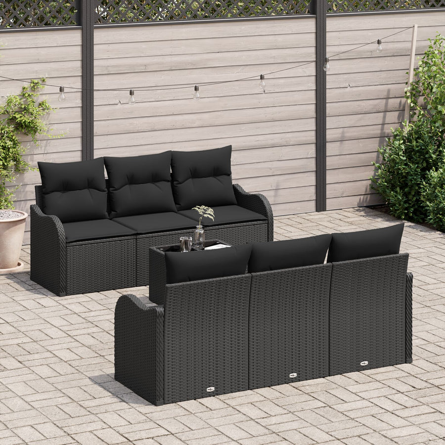 7-Delige Tuin Sofa Set Met Kussens Zwart Poly Rattan